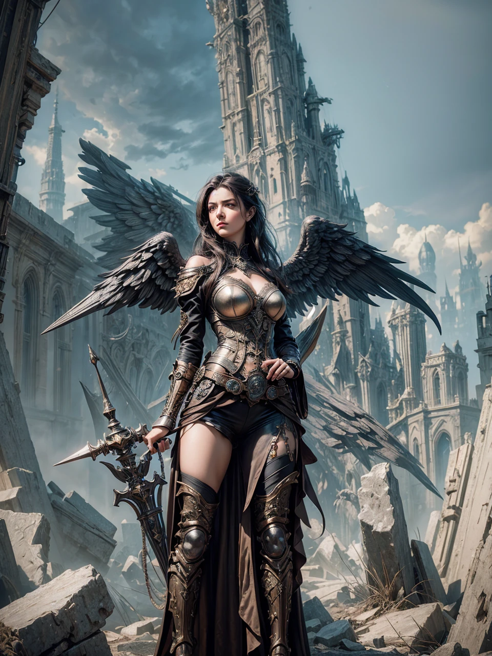 detailed portrait of a dark-haired woman, angel holding a rapier, stone wings, steampunk style, intricate mechanical details, dramatic lighting, muted color palette, cinematic composition, photorealistic, octane render, highly detailed, masterpiece