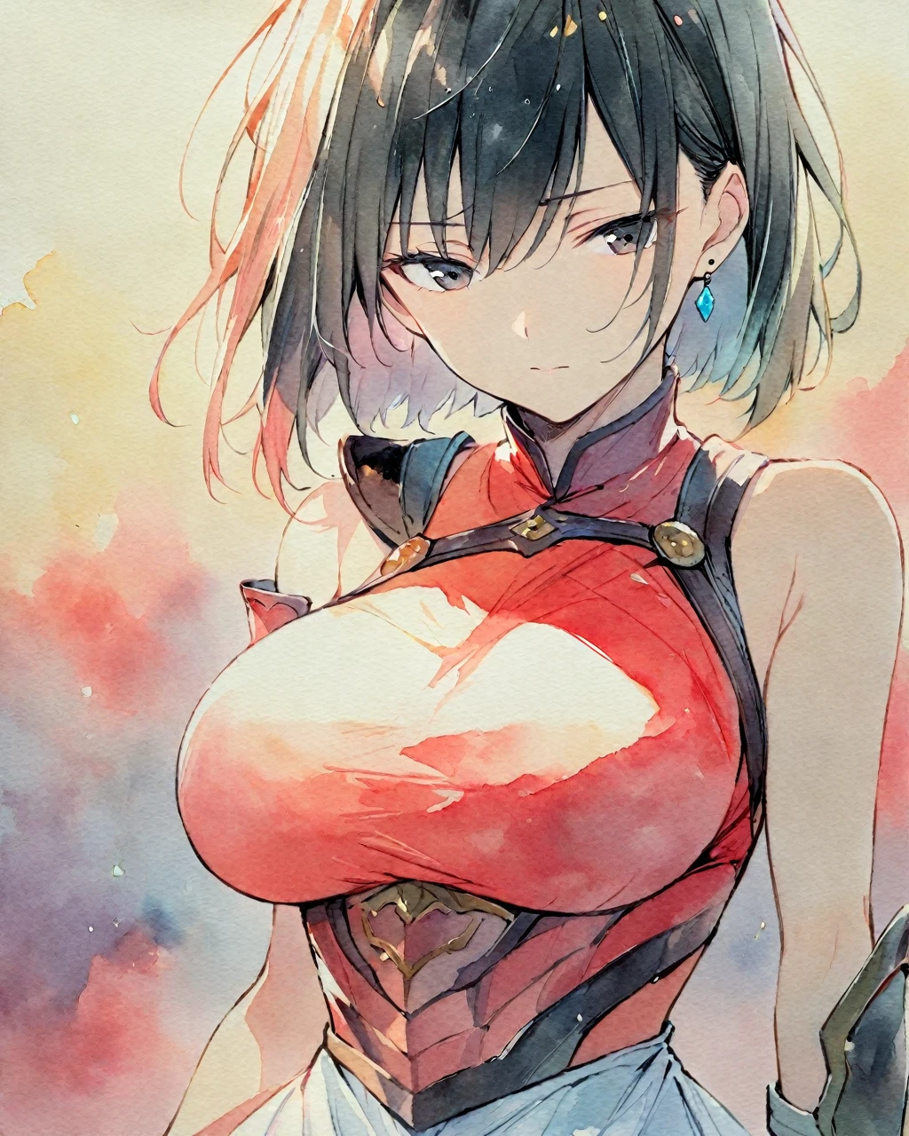 masterpiece, best quality, watercolor (medium), 1 girl, breast, alone, short hair, split, Red and black hair, black eyes, earrings, Bangs, jewelry, skirt, bare shoulders, sleeveless, hair between eyes, 单pauldron, looking at the audience, large breast, armor, shoulder armor, sleeveless skirt, Upper body, single sleeve, white skirt, pauldron, 