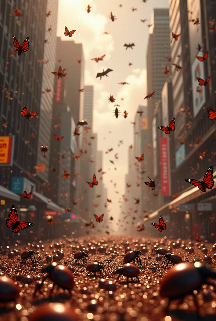 Une pluie d’ Insectes en chocolat tombant de partout du ciel comme de la pluie dans une ville