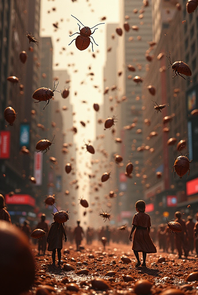 Une pluie d’ Insectes en chocolat tombant de partout du ciel comme de la pluie dans une ville
