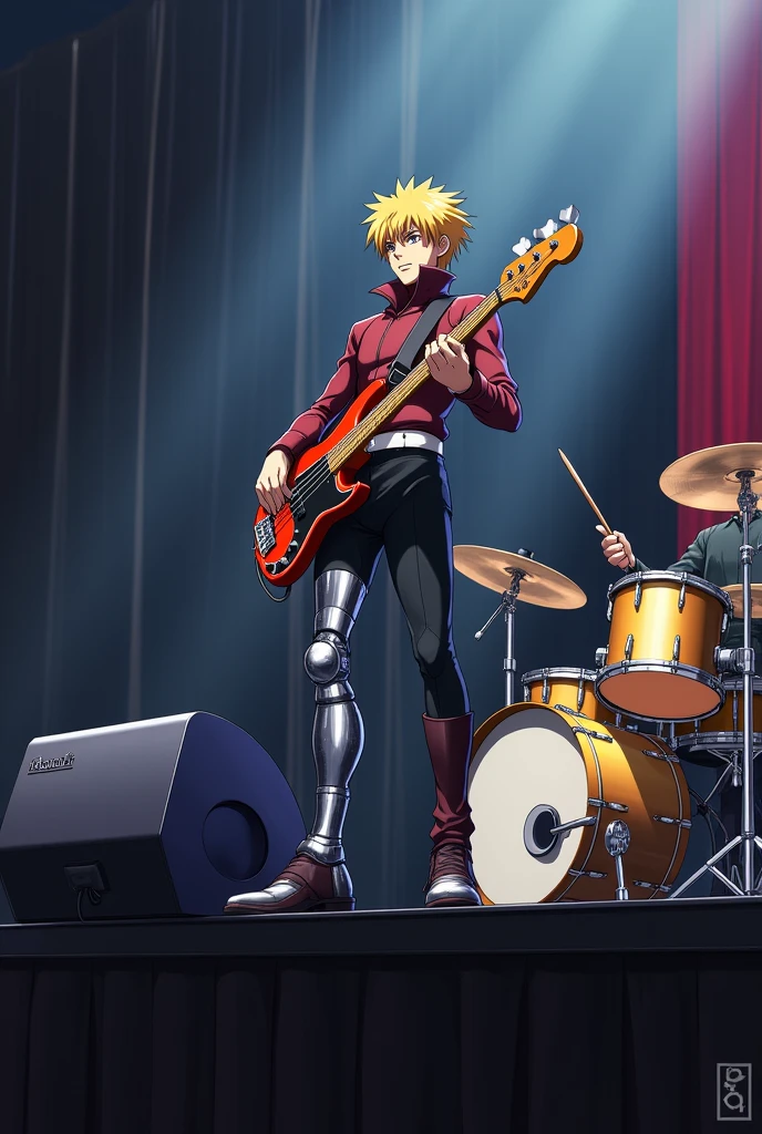 in anime style, faça o Edward Elric do anime fullmetal alchemist, playing bass in front of a stage, in the middle, with the metal leg on the return box and behind him a little to his right his brother Alfonse Elric, playing a golden drum.