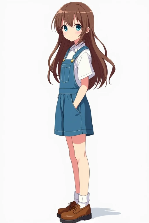 A full-body side-view portrait of a beautiful anime high school girl with long, fluffy brown hair, blue eyes, wearing blue overalls over a white shirt, and brown shoes.