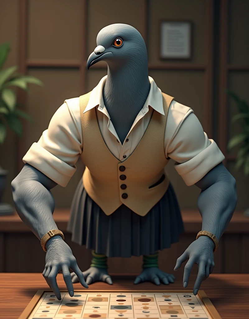 ((Highest quality)), ((masterpiece)), (detailed), A gray female pigeon with an angry expression and open mouth is wearing an off-white collared short-sleeved shirt, a light brown vest, a knee-length black skirt, dark green socks and black shoes.、He is playing cards at the table and pointing at me、Muscular grey female pigeon、Photorealistic images。