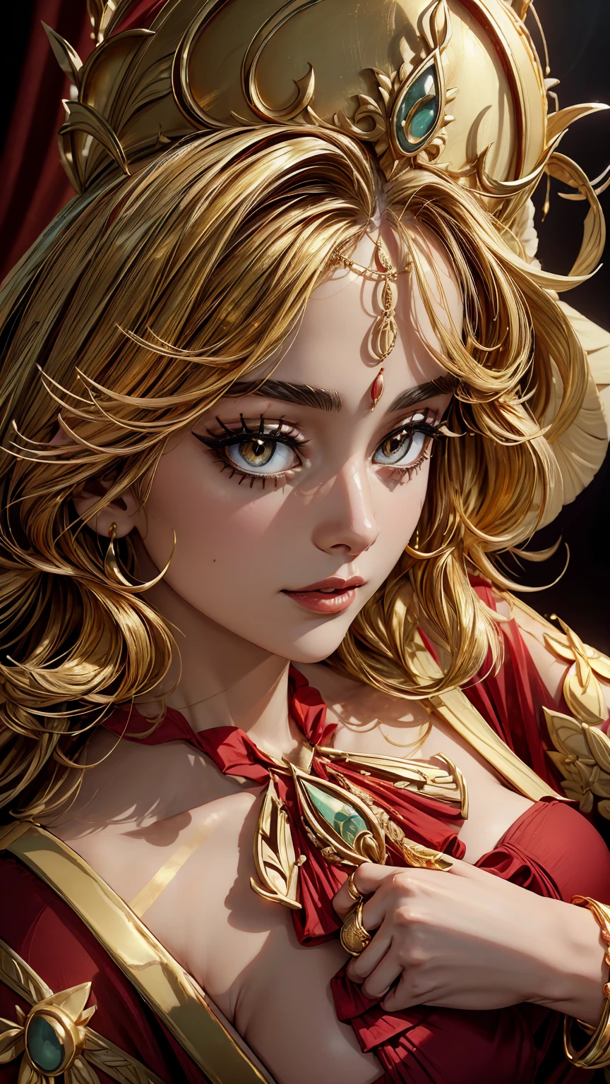a close up of a woman in a red and gold outfit, wearing gold jewellery, indian goddess, intricate thin details in gold, 8 k sensual lighting, indian, heavy gold jewellery, cinematic goddess close shot, gold bra, golden jewellery, gorgeous woman, intricate outfit, wearing gold chain, gold jewellery, provocative indian, gorgeous beautiful woman, wearing an ornate outfit