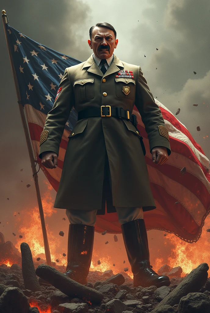 create adolf hitler destroying the world and stepping on the american flag