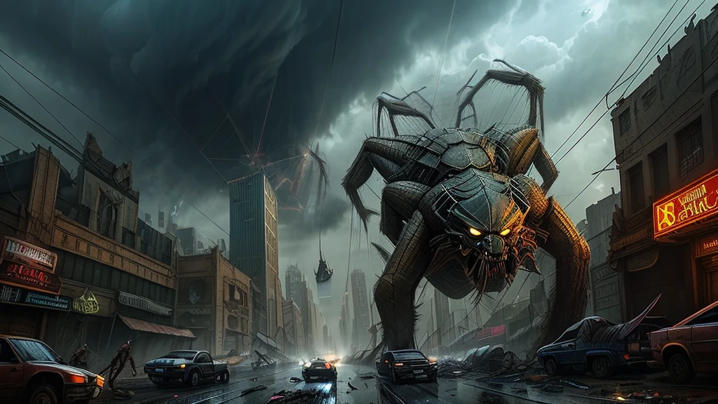 "A metropolis is invaded by colossal spiders, that completely dominate the urban environment. These creatures, with bodies the size of trucks and long, razor-sharp legs, climb skyscrapers and wrap entire buildings in thick, sticky webs. Its powerful jaws crush cars and destroy structures, as citizens run in panic, feeling tiny and powerless in the face of these monsters. Some giant spiders are positioned on top of buildings, casting ominous shadows over the city. The sound of their paws echoes through the deserted streets, where destruction has already taken over. The cloudy sky and gloomy atmosphere intensify the atmosphere of horror., while spiders reign supreme, turning the city into a living nightmare."