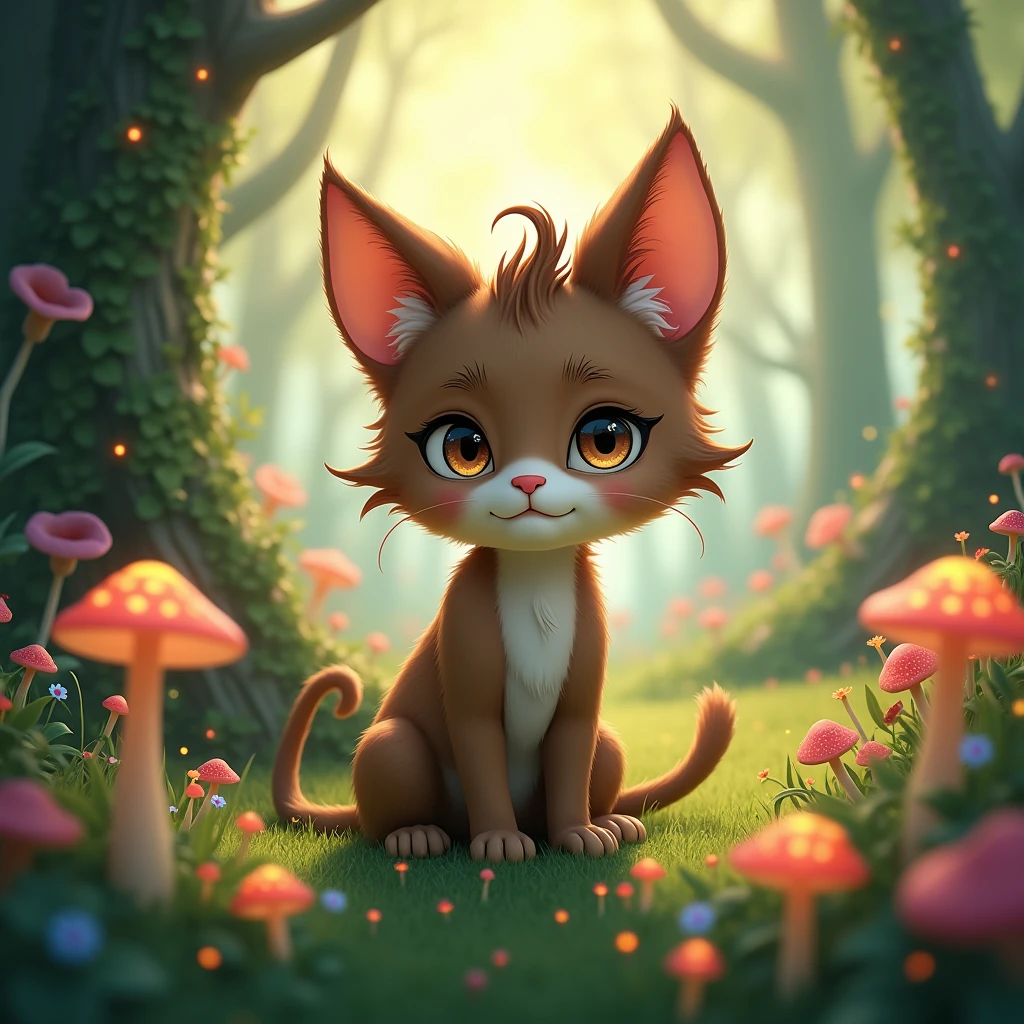 A cute neko-boy, beautiful detailed eyes, beautiful detailed lips, extremely detailed face and features, long eyelashes, cat ears, brown hair, sitting in a magical forest, sunlight filtering through the trees, glowing mushrooms, colorful flowers, enchanted atmosphere, soft pastel colors, cinematic lighting, intricate details, (best quality,4k,8k,highres,masterpiece:1.2),ultra-detailed,(realistic,photorealistic,photo-realistic:1.37),vibrant colors,fantasy art