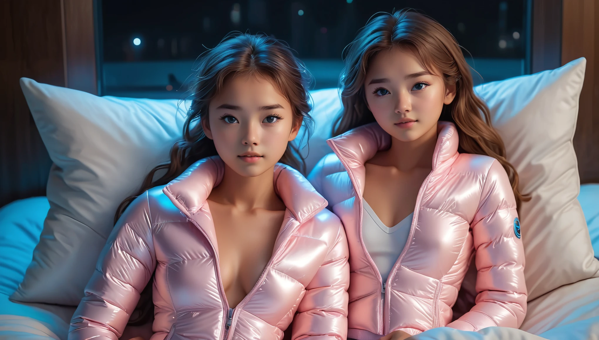 Top Quality, Masterpiece, High Resolution, 8k, ((2 cute barely legal girls in light pink blue open shiny puffer with plunging neckline, short sleeves, wide neckline, deep neckline, small perky breasts, extremely detailed face, detailed slightly open eyes, beautiful detailed lips, random hair style, small hips)), in a spaceship, on bed, intricate details, at night, backlit, random neon color, full body shot, view from distance, random pose