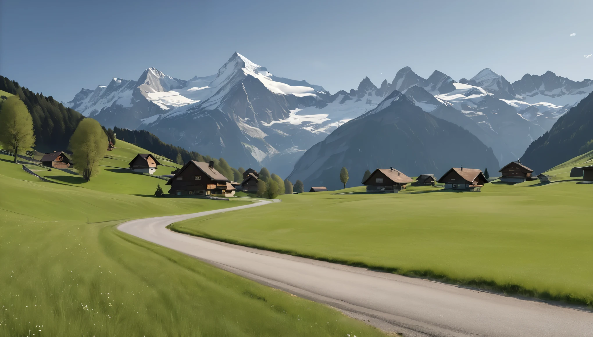 Alpine Village,Switzerland, Grasslands rich in nature, road, spring, Daytime, (Highest quality,4K,8k,High resolution,masterpiece:1.2),Very detailed,(Realistic,photoRealistic,photo-Realistic:1.37),High resolution,超High resolution,Studio Lighting,Vibrant colors,Professional