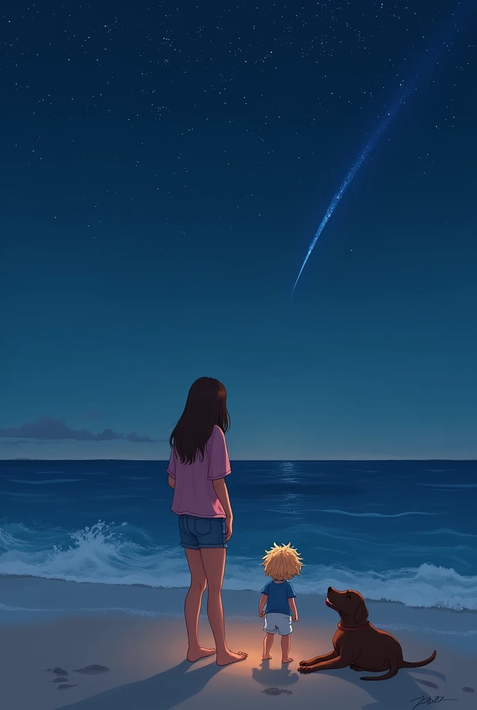 Create a light brown woman image, long straight medium brown hair, she is wearing jean shorts and a pink blouse, She has her back. One of three , blond, curly and messy hair, wearing a blue shirt and white shorts. A chocolate colored labrador, adult size. Everyone is in the sand on the beach, at night, with a very starry sky, and with a shooting star.