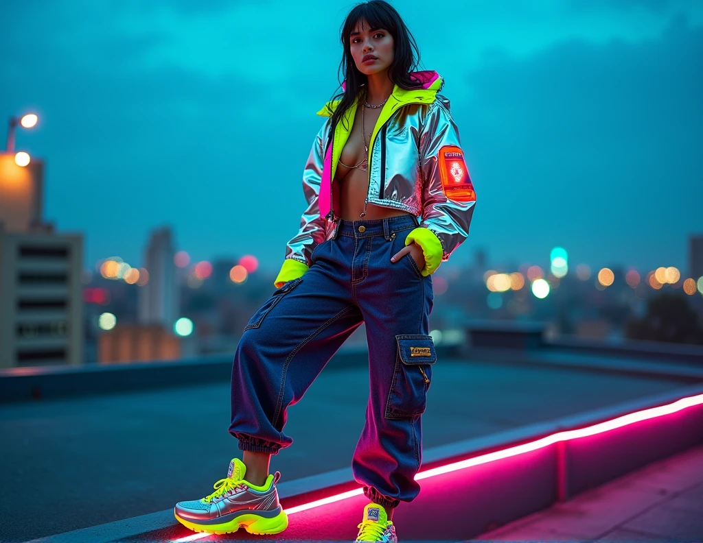 {Photorealistic Instagram shot of a bold futuristic fashion ensemble} set against an urban rooftop at dusk. The model dons a {cropped, structured jacket crafted from recycled PET bottles} with a {glossy, holographic finish}, highlighted by {neon-green oversized lapels and LED-lit sleeves}. The outfit is completed with {high-waisted, baggy cargo pants made from upcycled denim}, showcasing {neon-pink accents and large utility pockets}. On the feet, the model wears {futuristic platform sneakers with reflective surfaces and bright yellow vegan leather soles}. Accessories include a {neon-blue, laser-cut biodegradable face mask} and a {matching utility belt with eco-friendly pouches}. The setting features {a rooftop view of the city at dusk}, with the {city lights providing a subtle glow in the background}. The model poses assertively, with one foot on a ledge, exuding confidence. Post-processing includes a {slight blur effect on the background to enhance outfit focus} and {vivid color enhancement for neon elements}. The scene is illuminated by {a mix of natural and neon lighting}, emphasizing the {glowing components of the outfit}. {High-resolution, crisp details, vibrant neon lighting}.
