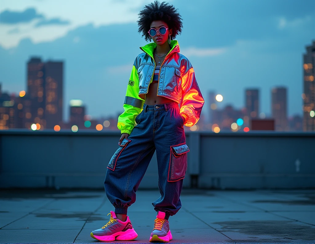 {Photorealistic Instagram shot of a bold futuristic fashion ensemble} set against an urban rooftop at dusk. The model dons a {cropped, structured jacket crafted from recycled PET bottles} with a {glossy, holographic finish}, highlighted by {neon-green oversized lapels and LED-lit sleeves}. The outfit is completed with {high-waisted, baggy cargo pants made from upcycled denim}, showcasing {neon-pink accents and large utility pockets}. On the feet, the model wears {futuristic platform sneakers with reflective surfaces and bright yellow vegan leather soles}. Accessories include a {neon-blue, laser-cut biodegradable face mask} and a {matching utility belt with eco-friendly pouches}. The setting features {a rooftop view of the city at dusk}, with the {city lights providing a subtle glow in the background}. The model poses assertively, with one foot on a ledge, exuding confidence. Post-processing includes a {slight blur effect on the background to enhance outfit focus} and {vivid color enhancement for neon elements}. The scene is illuminated by {a mix of natural and neon lighting}, emphasizing the {glowing components of the outfit}. {High-resolution, crisp details, vibrant neon lighting}.
