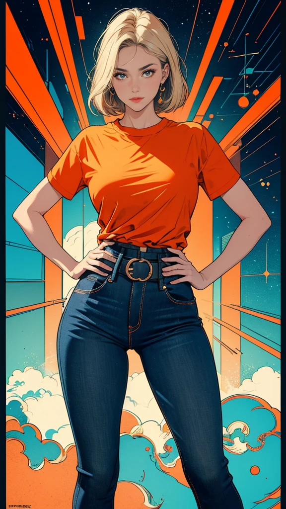 ((masterpiece, Highest quality)), (((whole body :1.5))), 32K Wallpapers, Very detailed, Poster, Vintage science fiction, 1960s,(((geometric cinematic movie Poster))), (Bauhaus), shape,Abstract, Midcentury Modern, movie Poster, Vintage, Perfect Lady,1970s,Halftone,Speech bubble,(((portfolio,close))), Tall and straight blonde mature girl, Sexy, Medium Neck, He is wearing a plain, tight orange short-sleeved U-neck T-shirt, She completely exposed her midsection, She is wearing jeans, she wears a large orange belt with a red heart-shaped buckle, beautiful abdomen, Beautiful thighs, Long and slender thighs, A pose that makes it appear as if you are facing forward with your hands on your hips, whole body