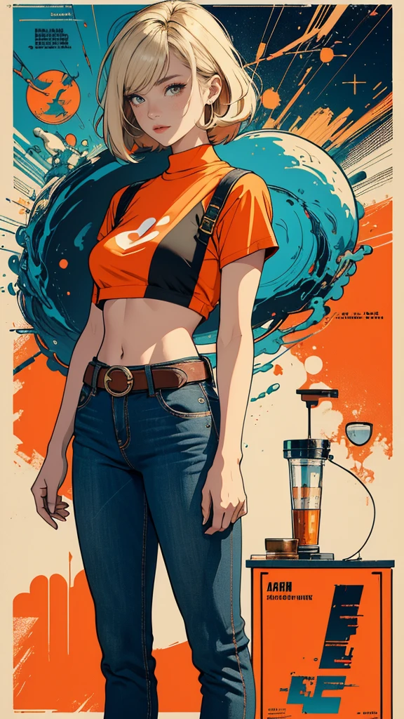 ((masterpiece, Highest quality)), (((whole body :1.5))), 32K Wallpapers, Very detailed, Poster, Vintage science fiction, 1960s,(((geometric cinematic movie Poster))), (Bauhaus), shape,Abstract, Midcentury Modern, movie Poster, Vintage, Perfect Lady,1970s,Halftone,Speech bubble,(((portfolio,close))), Tall and straight blonde mature girl, Sexy, Medium Neck, He is wearing a plain, tight orange short-sleeved U-neck T-shirt, She completely exposed her midsection, She is wearing jeans, she wears a large orange belt with a red heart-shaped buckle, beautiful abdomen, Beautiful thighs, Long and slender thighs, A pose that makes it appear as if you are facing forward with your hands on your hips, whole body