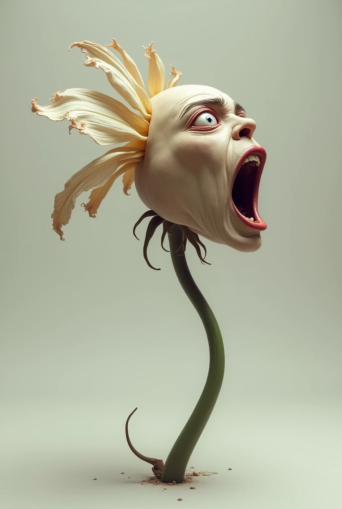 Create a wilting flower so that the stem arches to the ground as if the flower is falling backwards. But let the flower have a face of extreme terror and look up in profile while bending over on its back.