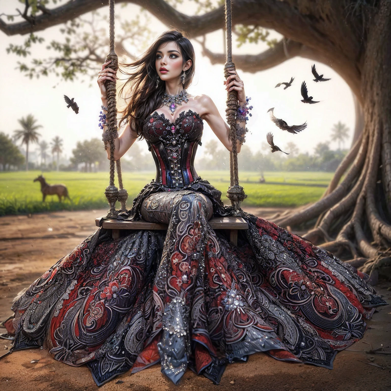 (Extreme HDR) (brightness FX) Photo of an asian woman gigantic Breast 'white skin' with long hair flowing in the wind, wearing a black batik patterned costume, a V-cut strapless corset style batik dress made of carbon patterned satin, a very narrow and stiff V-cut waist decorated with blue jewels, a luxurious long skirt, looks beautiful and stunning, very realistic and detailed, with a royal palace in the background, sitting on a boat, behind it is a blue moon. hyper realistic, hyper detail clothing, Detailed gemstones, masterpiece, best quality:1.2),,(8k,highres,RAW photo,realistic,photo-realistic:1.3),(detailed skin texture,detailed cloth texture, beautiful detailed face:1.25),professional lighting,photon mapping,beautiful soft light,radiosity,physically-based rendering,raytracing, model shoot style, model shoot style, (extremely detailed CG unity 8k wallpaper), full shot body photo of the most beautiful artwork in the world (NSFW), (Nude), (Naked), (carbon fiber corset) (green veiny breast) (steampunk corset) (glowing dress) (blue moon) (cloud) 