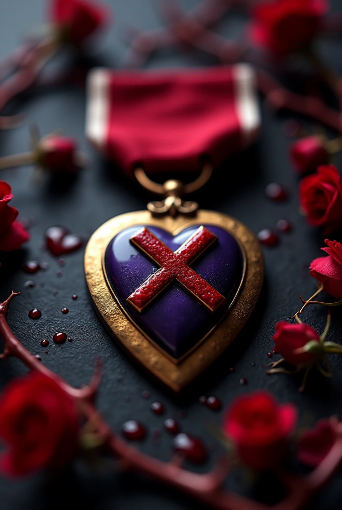 purple heart crossed out with an X with rose thorns shedding blood