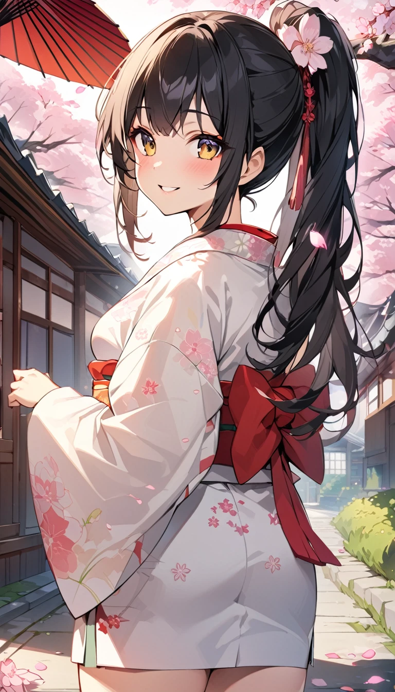 One Woman、beautiful girl、after school、evening、kimono、kimono、ponytail、Straw sandals、School、Back of the school building、spring、Cherry tree々、Cherry blossom petals fluttering、Long Hair、Highest quality、Ultra HD、Black Hair、smile、8 heads、White tabi socks、Japanese Umbrella、Smile、Cowboy Shot、Grab the viewer&#39;s hand and pull them along