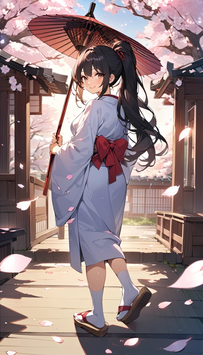 One Woman、beautiful girl、after school、evening、kimono、kimono、ponytail、Straw sandals、School、Back of the school building、spring、Cherry tree々、Cherry blossom petals fluttering、Long Hair、Highest quality、Ultra HD、Black Hair、smile、8 heads、White tabi socks、Japanese Umbrella、Smile、Cowboy Shot、Grab the viewer's hand and pull them along