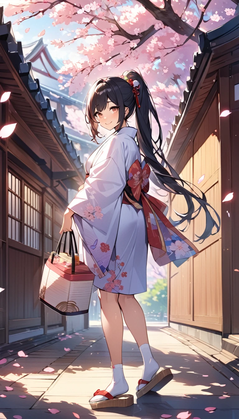 One Woman、beautiful girl、after school、evening、kimono、kimono、ponytail、Straw sandals、School、Back of the school building、spring、Cherry tree々、Cherry blossom petals fluttering、Long Hair、Highest quality、Ultra HD、Black Hair、smile、8 heads、White tabi socks、Japanese Umbrella、Smile、Cowboy Shot、Grab the viewer's hand and pull them along