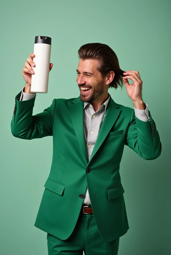 "a happy white man, with lots of straight and very short hair, is wearing a green suit. He is playing with his hair with one hand, and with the other he is showing a hair product the image shows his entire body.