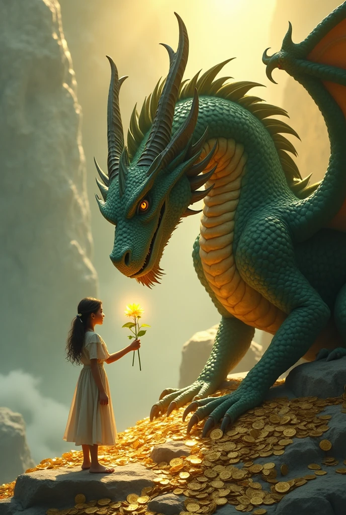 "Depict a scene where a young, courageous girl offers a rare, glowing flower to a majestic dragon perched on a mountain of treasure. The dragon, massive and ancient, looks at her with curiosity and respect, its scales shimmering in various shades of deep green and gold. The surroundings are filled with mist, and the treasure gleams with golden coins and jewels. The girl's expression is calm and confident, wearing simple yet elegant clothes. The atmosphere is mystical, with rays of sunlight breaking through the clouds, illuminating the peaceful encounter."
