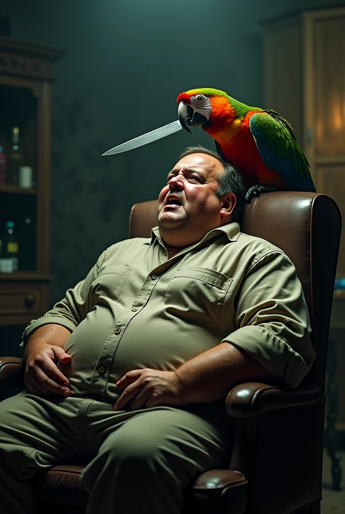 Fat man sitting on a chair with a parrot on his shoulder threatening him with a knife in its beak, 4K