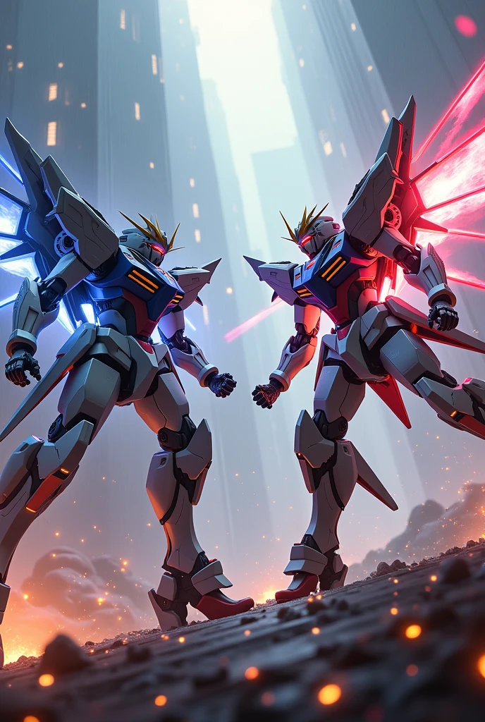 ((Highest quality)), ((masterpiece)), (detailed), Mecha、cool、beautiful、battle、2 units、gun、sword
、robot、coolエフェクト、