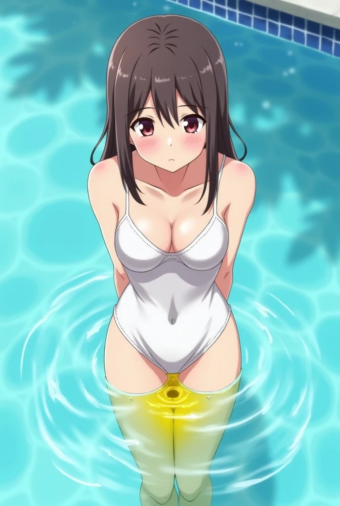 anime, girl, girl in a swimsuit, there is a urine drain hole in the bottom of the swimsuit, the girl pees, pees herself, urine pours out of the urine drain hole, urine drains into the pool, bright yellow urine dissolves in the pool