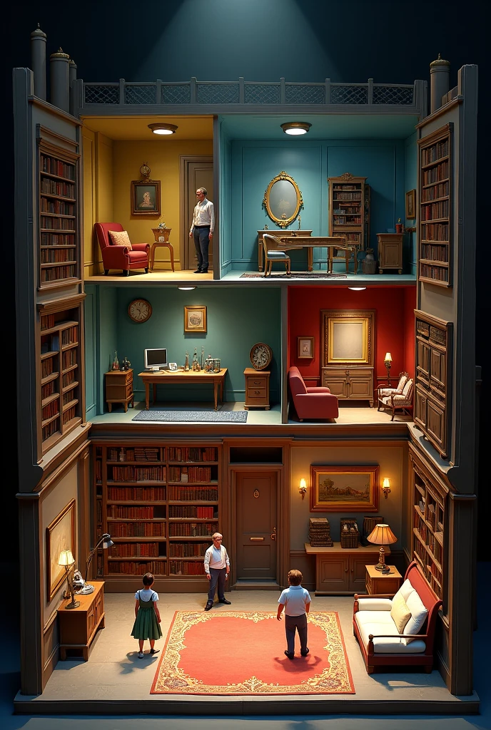 A stage play background depicting a drawing room, laboratory,  a library, a bedroom 