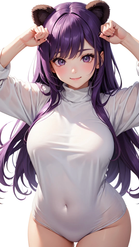 Best Quality,High resolution,8k,(plain white background, no patterns, no textures, just a plain white background:1.3),Masterpiece:1.2),beautiful girl,Big Breasts,(Shiny purple hair:1.3),bob cut,Beautiful purple eyes,A cute girl dressed in a cozy bear onesie, complete with little round ears and a fluffy tail, posing playfully as a bear. The onesie is soft and plush, with a warm brown color that resembles a teddy bear. She has a cheerful expression, her hands mimicking bear paws as she pretends to be an adorable bear cub. The scene is lighthearted and fun, capturing her playful spirit and the comfort of her cute, cozy outfit,Gentle look,A refreshing look,smile,Best quality,Best Quality,Aesthetic and aesthetic:1.2,Best details((Super detailed))(High definition