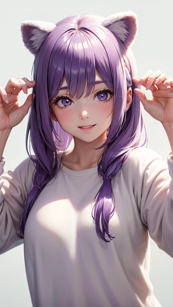 Best Quality,High resolution,8k,(plain white background, no patterns, no textures, just a plain white background:1.3),Masterpiece:1.2),beautiful girl,Big Breasts,(Shiny purple hair:1.3),bob cut,Beautiful purple eyes,A cute girl dressed in a cozy bear onesie, complete with little round ears and a fluffy tail, posing playfully as a bear. The onesie is soft and plush, with a warm brown color that resembles a teddy bear. She has a cheerful expression, her hands mimicking bear paws as she pretends to be an adorable bear cub. The scene is lighthearted and fun, capturing her playful spirit and the comfort of her cute, cozy outfit,Gentle look,A refreshing look,smile,Best quality,Best Quality,Aesthetic and aesthetic:1.2,Best details((Super detailed))(High definition