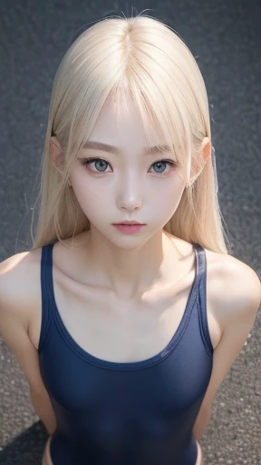 ((sfw:1.5)),((sfw:1.5)),((from above:1.5)),((Upper Body:1.5)) Korean Asian r Photos、((Beautiful and cute idol girl:1.5))、Platinum Blonde Hair、10yo,Naow eyes:1.5、Thin face、Thin neck、((Slim body)),((skinny):1.5),((Flat chest:1.5)),((clavicle)),((Narrow eyes：1.5))、(Thin arms)、(Thin neck)、（Thin lips）、A small smile、Thin arms、(Dark blue school swimsuit:1.5）