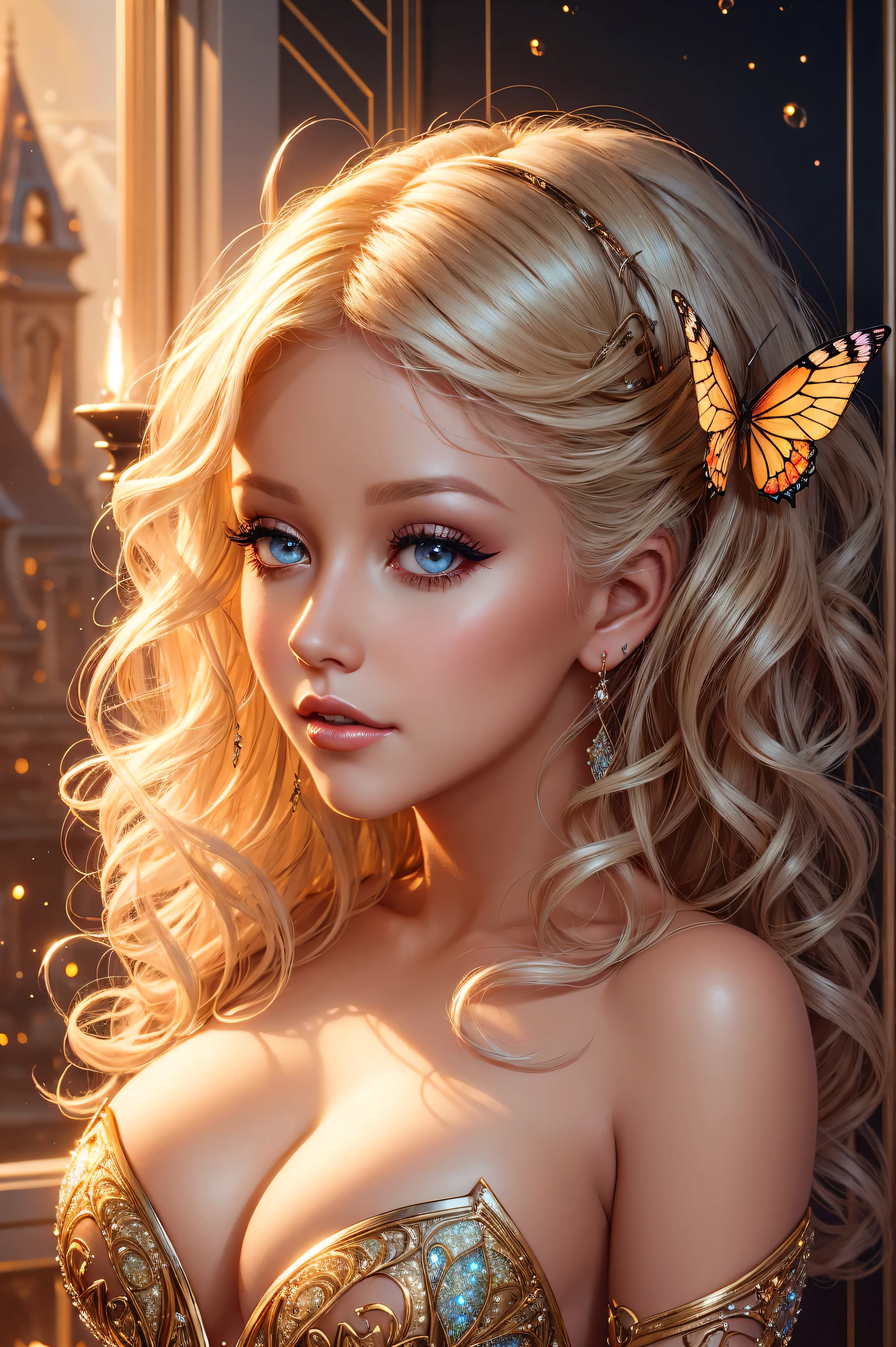 portrait Christina Aguilera, wearing sexy butterfly outfit, in a jar, 6 0 3 0 s, curly hair, intricate, elegant, highly detailed, digital painting, artstation, concept art, smooth, sharp focus, illustration, art by thomas kindkade, charlie bowater, artgerm, greg rutkowski, alphonse mucha and alexandra fomina, 36k, glittering, shining