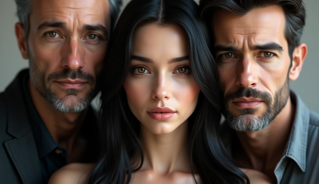 Beautiful woman with two men beside her, the woman has long black hair, eyes browns, realistic and detailed face, age 25, highly realistic 4k model, men appear to be around 40 years old, realistic and detailed faces
