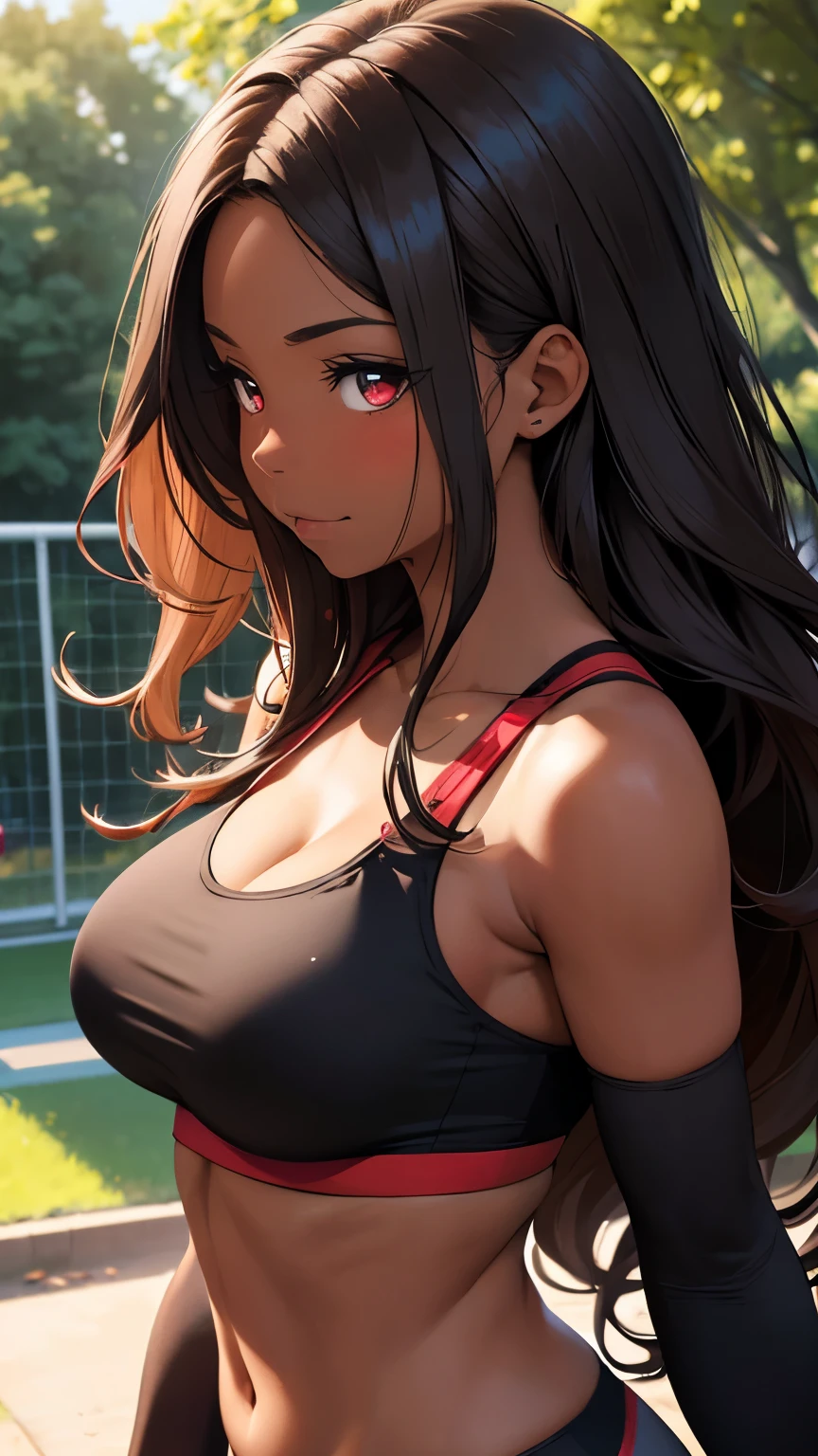 Masterpiece, best quality, 1girl, mature woman, long brown hair, beauty wavy hair, beauty red eyes, detailed eyes, (evening at park), (( black leggings, red sports bra )), big saggy tits, blushing, little smile, sweating, (dark skin : 1.5), ( walking ), from side view, close-up, beauty scenery, colourfull background, volumetric lighting, warm lighting