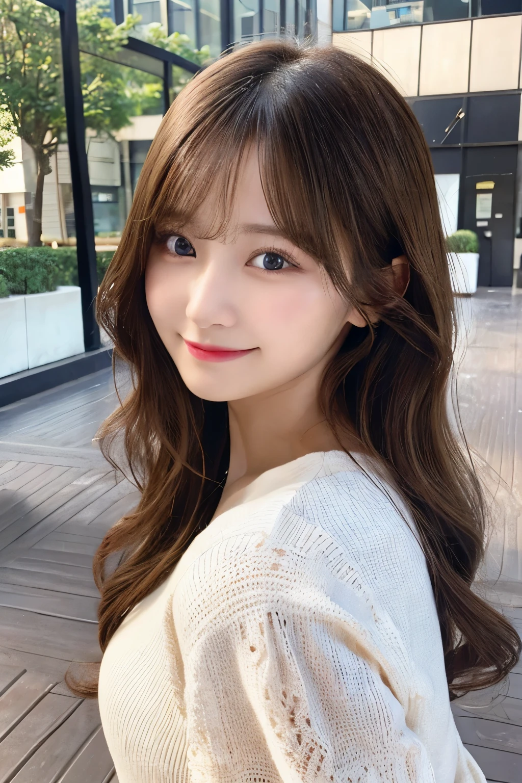 Tabletop, Highest quality, shape, Very detailed, finely, High resolution, 8k wallpaper, 完璧なダイナミックな構shape, Beautiful and beautiful eyes, Wavy medium hair,Natural color lip, There is a goods,smile,office building,20-year-old girl,cute,sexy shot looking at camera,Slim figure、super high quality、8k、business、work、cool、