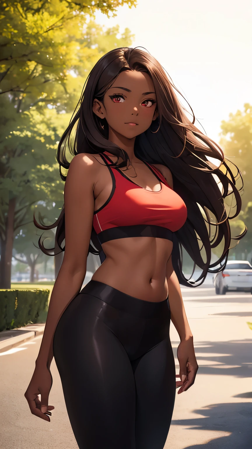 Masterpiece, best quality, 1girl, mature woman, long brown hair, beauty wavy hair, beauty red eyes, detailed eyes, (evening at park), (( black leggings, red sports bra )), big saggy tits, blushing, little smile, sweating, (dark skin : 1.5), ( walking ), from side view, close-up, beauty scenery, colourfull background, volumetric lighting, warm lighting