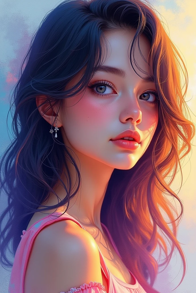 Colorful beautiful girl:28-year-old girl,dirty hair,oil painted,perfect face,soft skin, perfect face,blue-yellow colors,Added light purple and violet colors.,added light red color,complex parts,screensaver,permission 8k,chedevr, cute face, ArtStation digital painting provides smooth and very black ink flow.:Photorealistic masterpiece in 8k resolution:complex detailed painting with liquid gouache:author: By Jean Baptiste Mongue:calligraphy:propylene:watercolor art,professional photo shoot,daylight,Minimalistic photographic illustration of volumetric lighting:author Мартон Бобзерт: ,difficult,elegance,Раскидистый,magical dream,Wavy hair,with dynamism