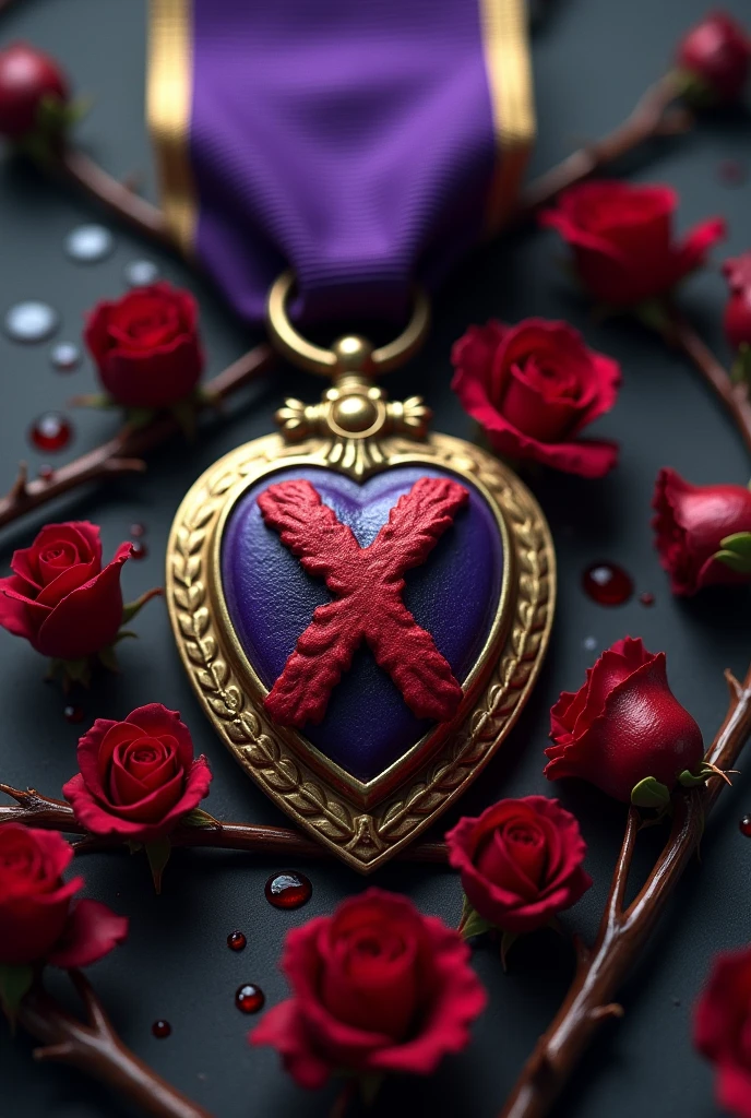 purple heart crossed out with an X with rose thorns shedding blood