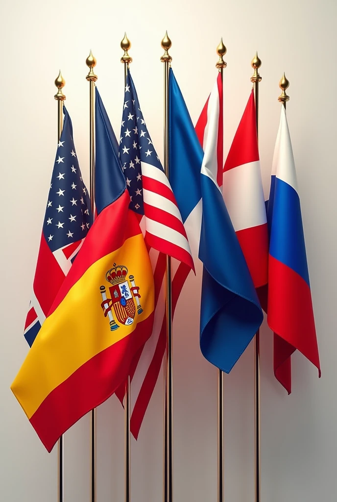generate me an image with the english flag, American, espagnol, Portuguese, French, german, néerlandais et russe