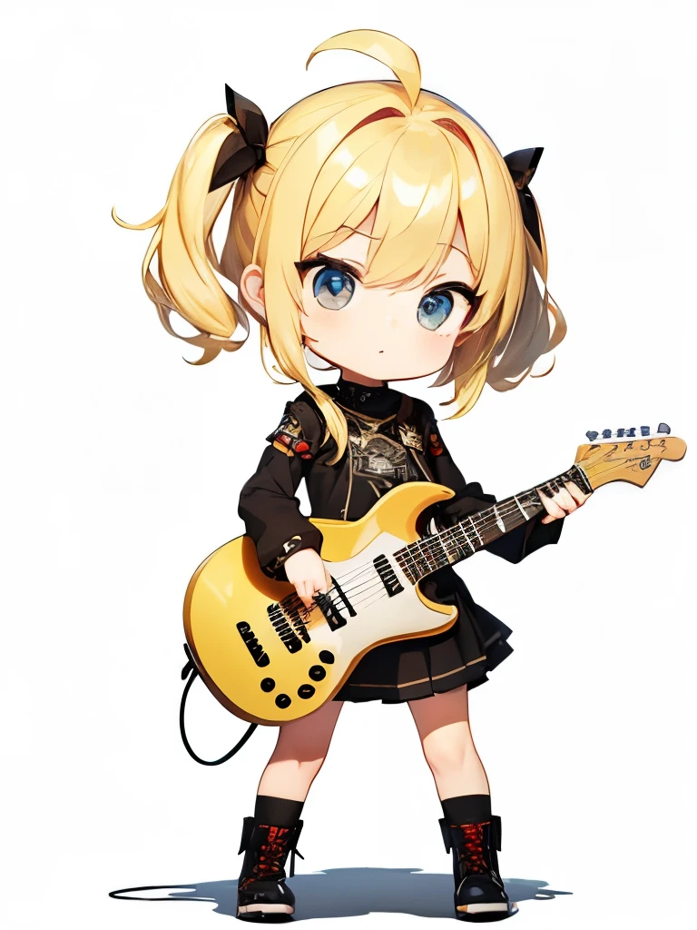 (((Metal Band)))、Cute and soothing character、(((A small, blonde character who plays metal guitar)))、A chibi character wearing a metal girl-like outfit、A beautiful depiction using tens of thousands of colors、masterpiece、Ultra HD、super high quality、8k、Side guitar blonde chibi character、Fast-picking metal guitar、Black Background