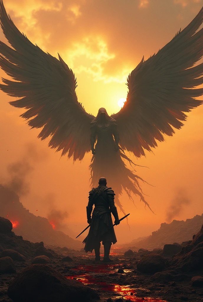 A lone warrior face 5wings fallend angel at dawn,battlefield, blood