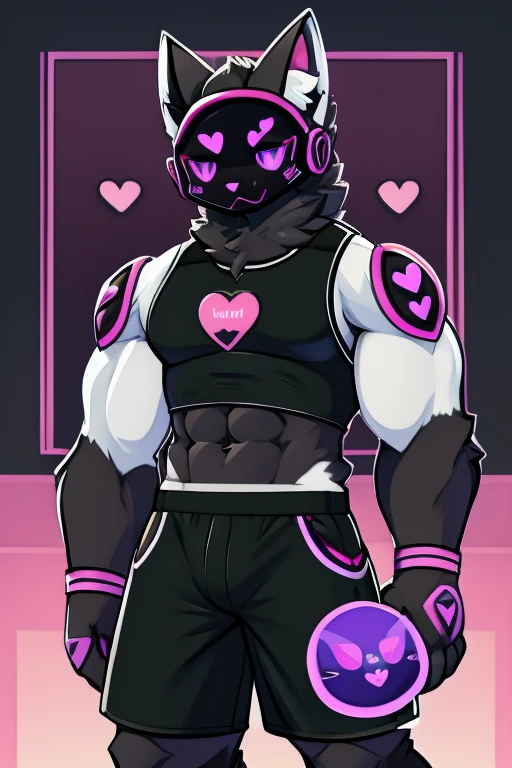 Big black cat , black robot helmet with a purple kawaii cat face, muscular, furry, black sleeveless shirt, Morados shorts, with heart stickers on the body 
