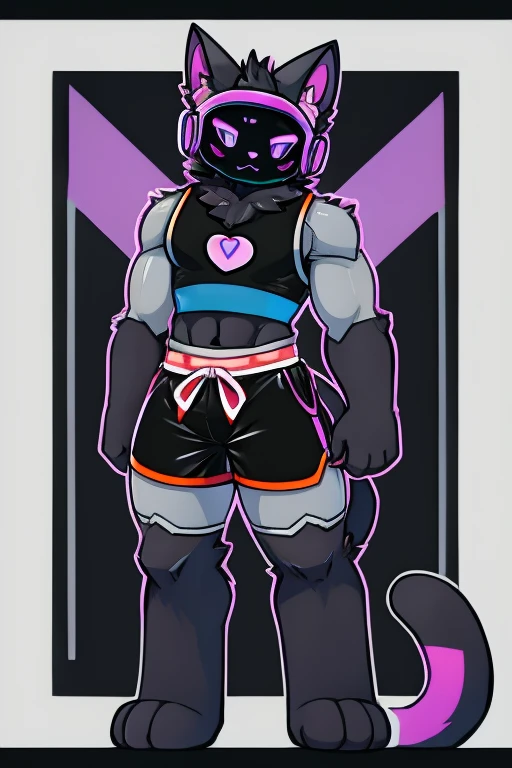 Big black cat , black robot helmet with a purple kawaii cat face, muscular, furry, black sleeveless shirt, Morados shorts, with heart stickers on the body