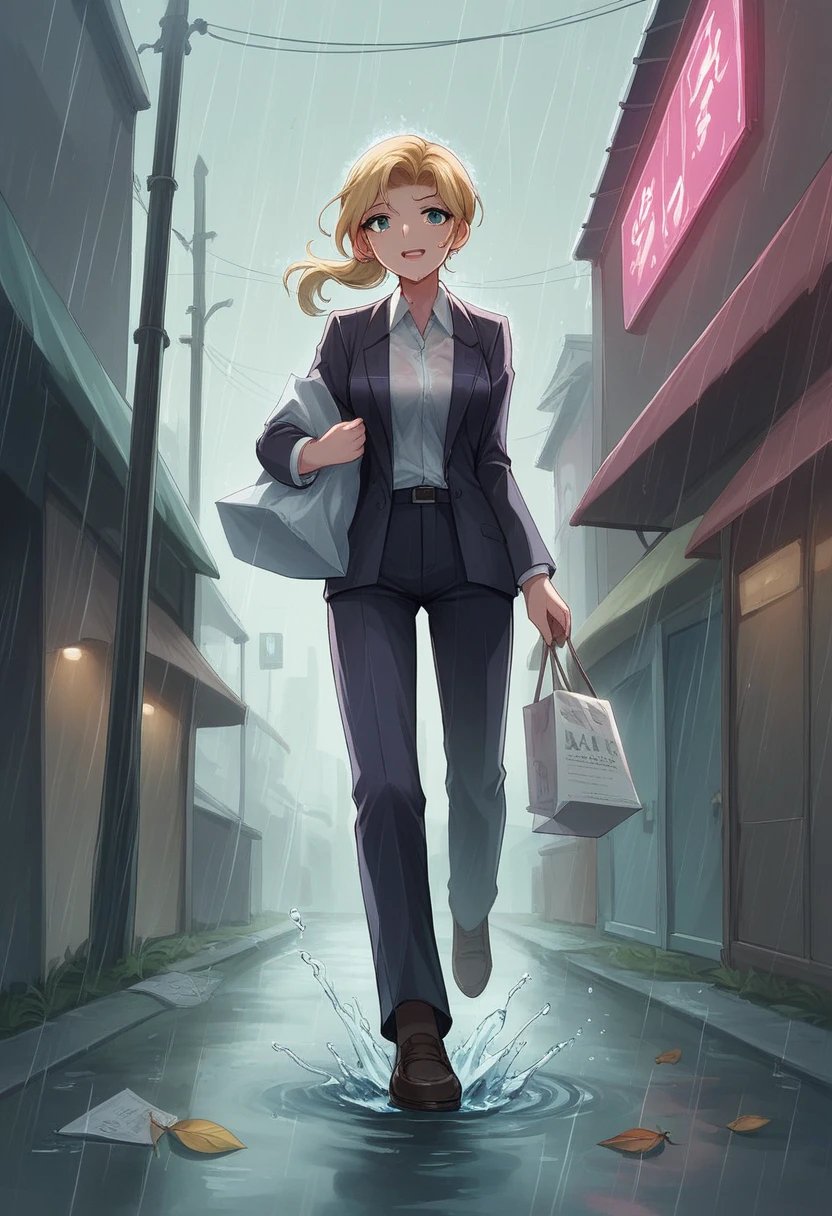  "Create a high-definition, anime-style video featuring an adult Usagi Tsukino from 'Sailor Moon' running through a rain-soaked Kudan-shita shopping street. Usagi, now a confident and mature woman, is dressed in a stylish, tailored business suit with pants, perfectly suited for her fast-paced, professional life. Despite the heavy rain, she carries no umbrella, allowing the raindrops to cascade freely over her. The camera captures her from a low angle, showcasing her in a dynamic, hurdle-like pose as she leaps over a large puddle, her movements fluid and powerful. Her blonde hair, slightly damp from the rain, flows behind her as she grins with pure, unrestrained joy. The scene is vibrant and filled with motion, with water splashing up as her foot leaves the puddle, the reflections of neon lights shimmering on the wet pavement. The focus is on her energy and determination, portraying her as a lively and resilient figure who embraces life's challenges with a smile. The overall mood is one of empowerment and vitality, highlighting Usagi's transformation into a strong, capable adult who still carries her youthful spirit."