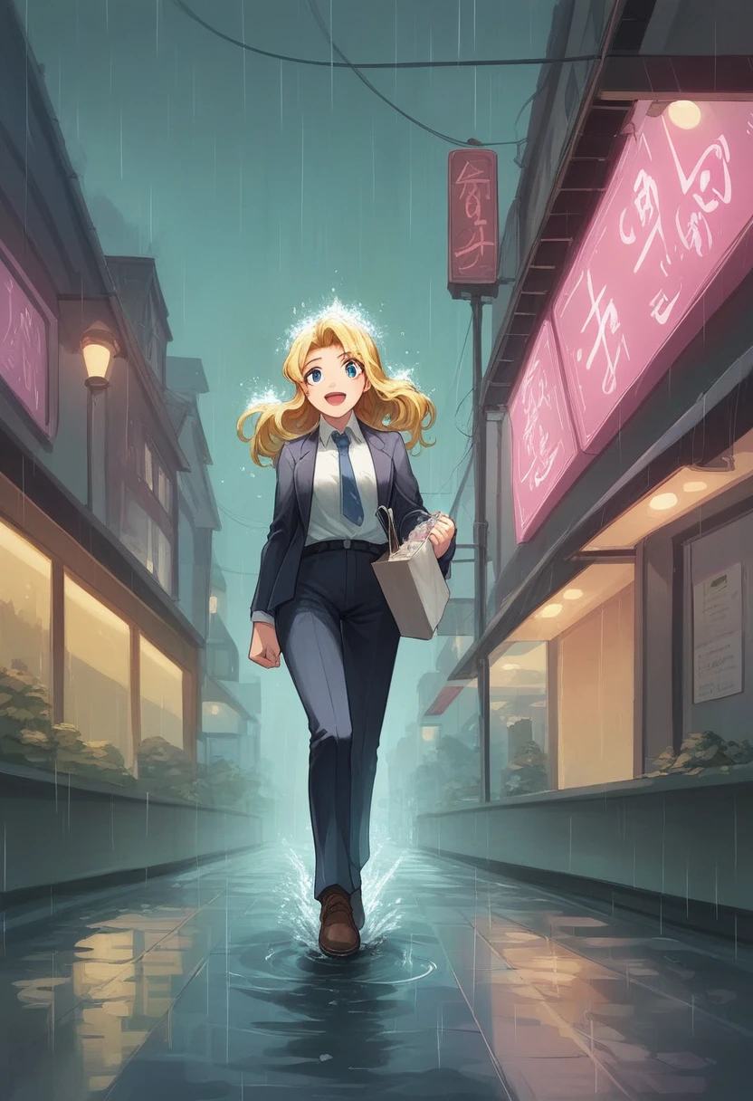  "Create a high-definition, anime-style video featuring an adult Usagi Tsukino from 'Sailor Moon' running through a rain-soaked Kudan-shita shopping street. Usagi, now a confident and mature woman, is dressed in a stylish, tailored business suit with pants, perfectly suited for her fast-paced, professional life. Despite the heavy rain, she carries no umbrella, allowing the raindrops to cascade freely over her. The camera captures her from a low angle, showcasing her in a dynamic, hurdle-like pose as she leaps over a large puddle, her movements fluid and powerful. Her blonde hair, slightly damp from the rain, flows behind her as she grins with pure, unrestrained joy. The scene is vibrant and filled with motion, with water splashing up as her foot leaves the puddle, the reflections of neon lights shimmering on the wet pavement. The focus is on her energy and determination, portraying her as a lively and resilient figure who embraces life's challenges with a smile. The overall mood is one of empowerment and vitality, highlighting Usagi's transformation into a strong, capable adult who still carries her youthful spirit."