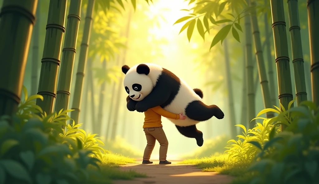 Reunion in the ForestThe boy returns to the forest, and the panda comes running out to greet him. The boy opens his arms wide as the panda jumps into him, hugging him tightly. The forest is lush and green, with sunlight shining through the bamboo. The feeling is one of joy, reunion, and friendship.