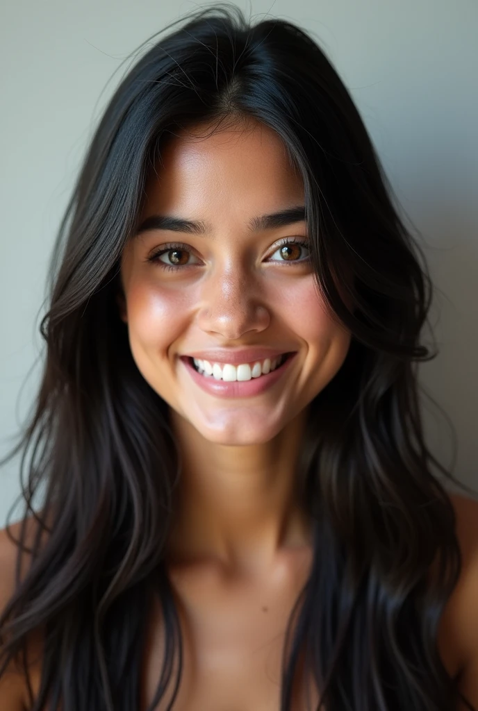 (photorealism: 1.2), Brazilian woman, long straight black hair, brown eyes, smiling, age 20-25, front view photo
