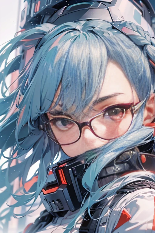 A detailed, highly-realistic anime-style movie poster featuring a young woman with long, braided green hair wearing a white military uniform, standing on the bridge of a futuristic battleship in a dramatic, sci-fi space environment, with intense lighting, vivid colors, and strong atmospheric elements, (highly detailed face and eyes:1.5), (long bangs hairstyle:1.8), red glasses, realistic 3D face, ultra-detailed, 8K, photorealistic, professional, masterpiece